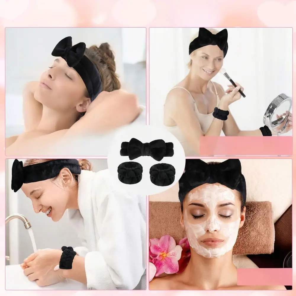Soft Plush Bowknot Hair Band And Wrist Cuff Set Elastic Facial Cleansing Headpiece For Women Spa Skincare Beauty Essentials