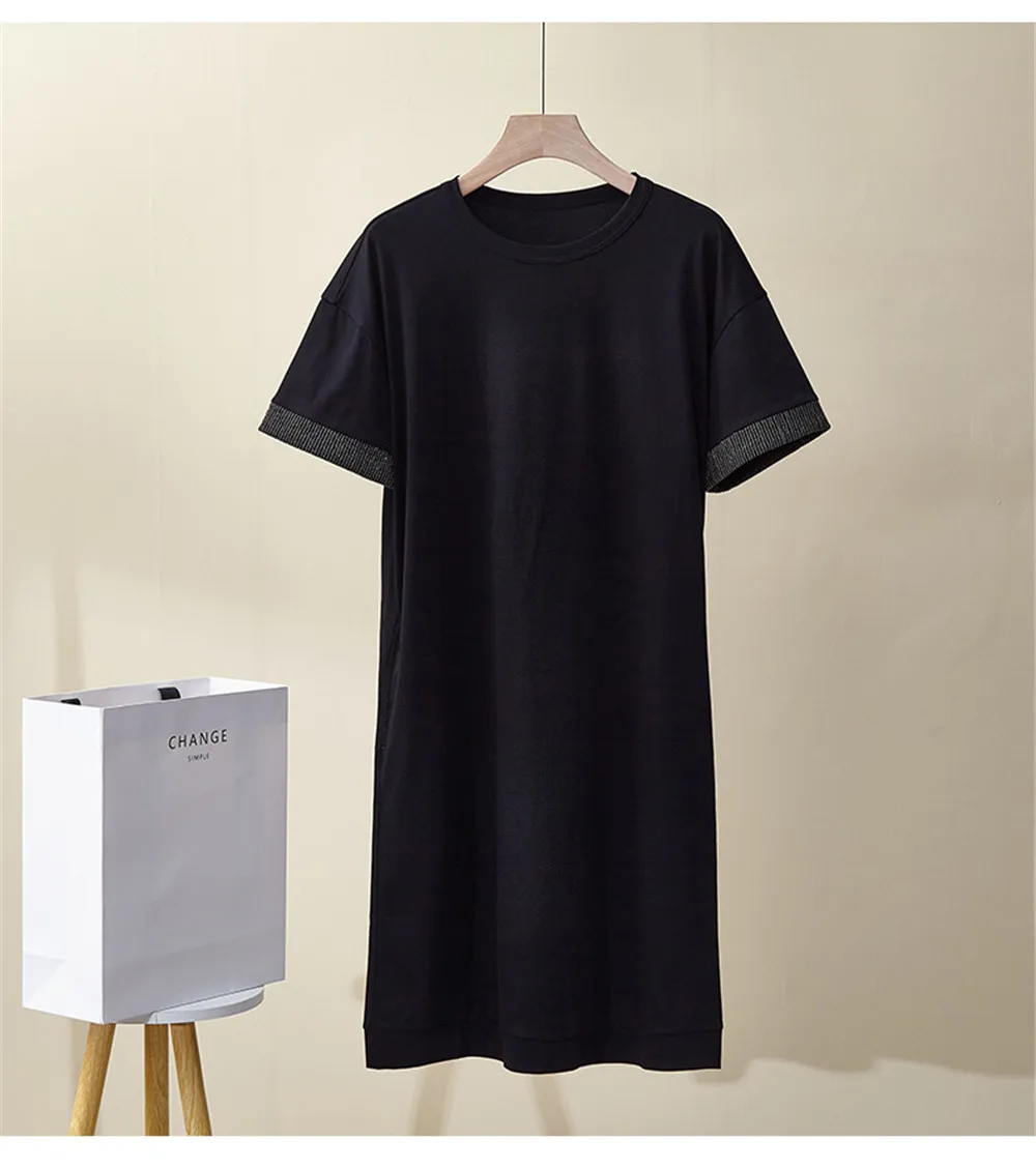 Verão novo feminino em torno do pescoço solto e versátil corrente de contas longo fino ajuste puro algodão camiseta saia