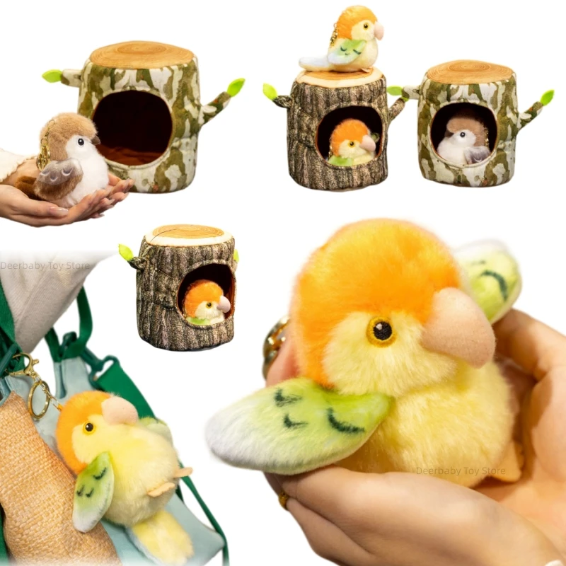 Cute Birds In The Tree Stump Plush Toys Creative Colorful Sparrow Parrot Bird And Nest Combination Plush Toy Home Decor Gift