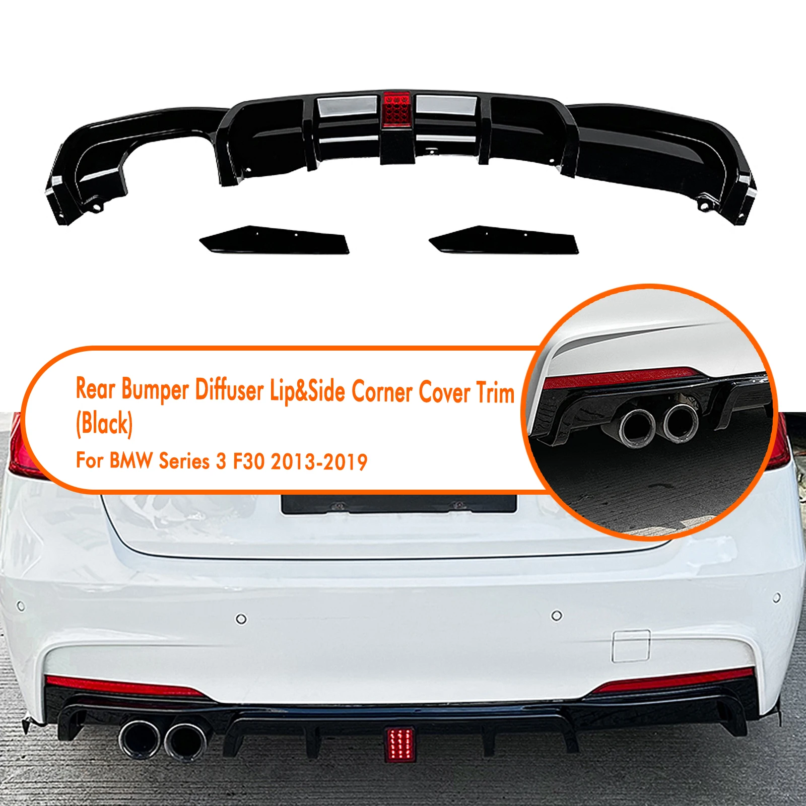 For BMW F30 3-Series M-Sport 2013-2019 Rear Bumper Diffuser Lip Gloss Black Tail Boot Spoiler Plate Body Protector Bracket Kit