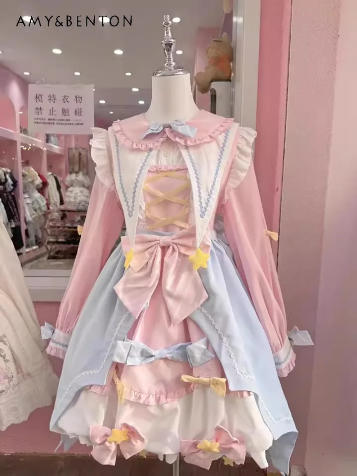 Japanese Spring and Summer Blue and Pink Color Matching Long-sleeved Lolita  Cute Daily Doll Collar Bow Accessories Dress Women - AliExpress 200000345