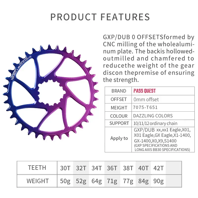 PASS QUEST 0mm (offset) MTB Narrow Wide Chainring ROUND Colorful 30T-42T for DUB Support 10/11/12 speed ordinary chains