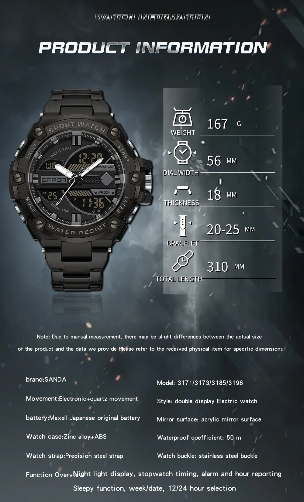 SANDA 2024 New Sport Military Men\'s Watches 50M Waterproof Dual Display Wristwatch Male Clock Stopwatch Relogio Masculino 3173