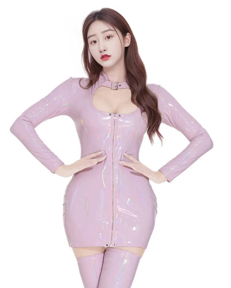 Sexy Chest Hollow Out Dresses for Women Long Sleeved Shiny PVC Latex Faux Leather Micro Mini Dress Nightclub Party Clothing