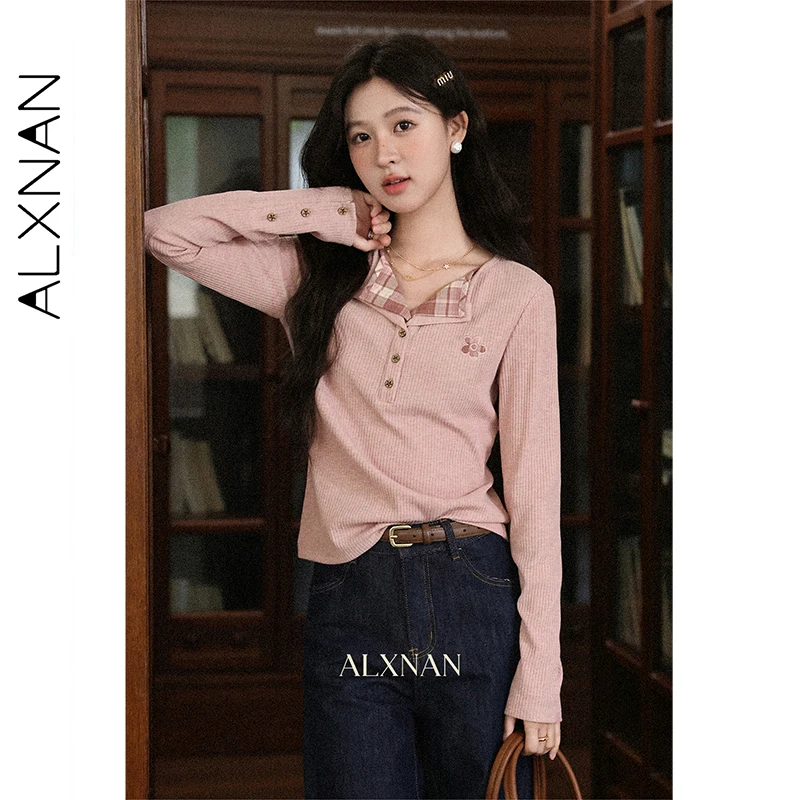 

ALXNAN розовая женская футболка из двух предметов в клетку в стиле пэчворк, вышитые футболки с v-образным вырезом, осенние офисные женские облегающие топы L57179