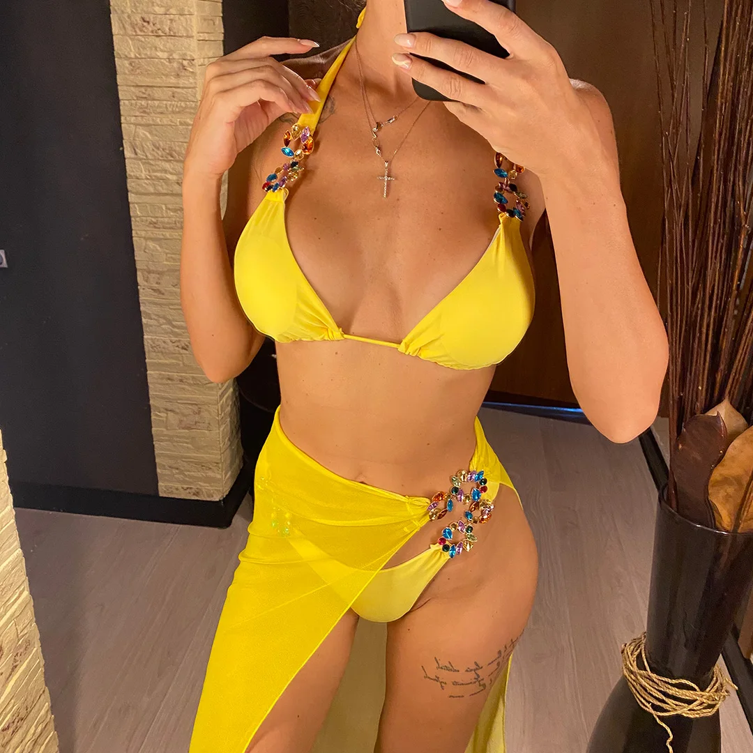 Diamantbesetzter Bikini mit Rock und Neckholder, dreiteiliger Badeanzug für Damen, Badebekleidung, Badeanzug, Schwimmanzug V4849 – Detail 14