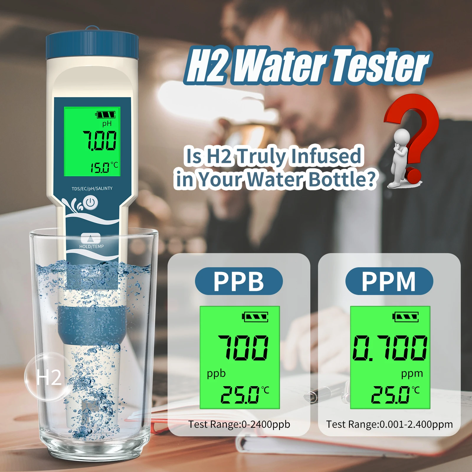 Yieryi Alta Precisão Tester Hidrogênio para Piscina de Água Potável, PH Digital, ORP, Temp, H2, ppm Medidor com ATC, Resolução 0,01