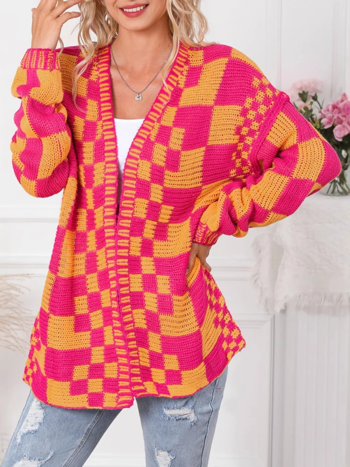 

Модный женский вязаный свитер с цветными блоками и открытым передом, повседневный, универсальный, с длинными рукавами, воротником-бомбер, для осеннего гардероба, в городском стиле