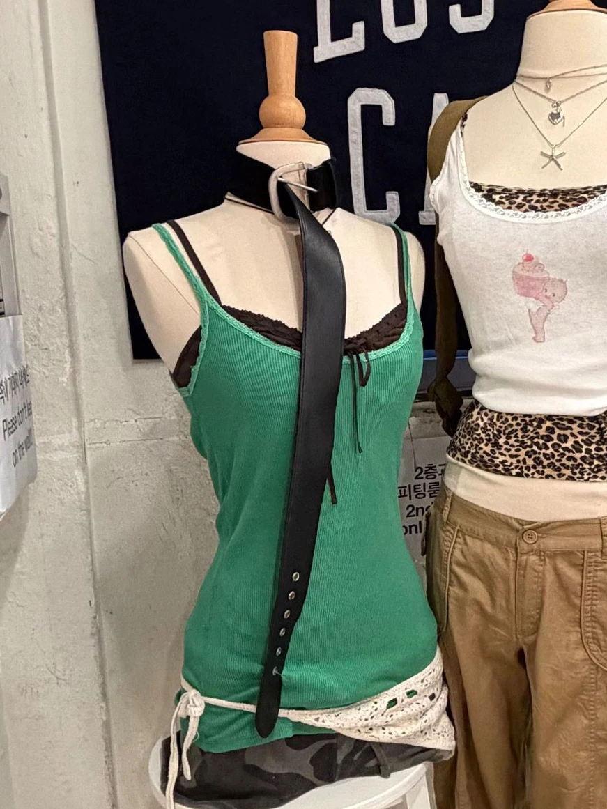 Lace Trim Green Ribbed Tank Top for Woman Summer U Collar Cotton Slim Camisole Female Vintage Streetwear Chic Camis Y2k Tops New