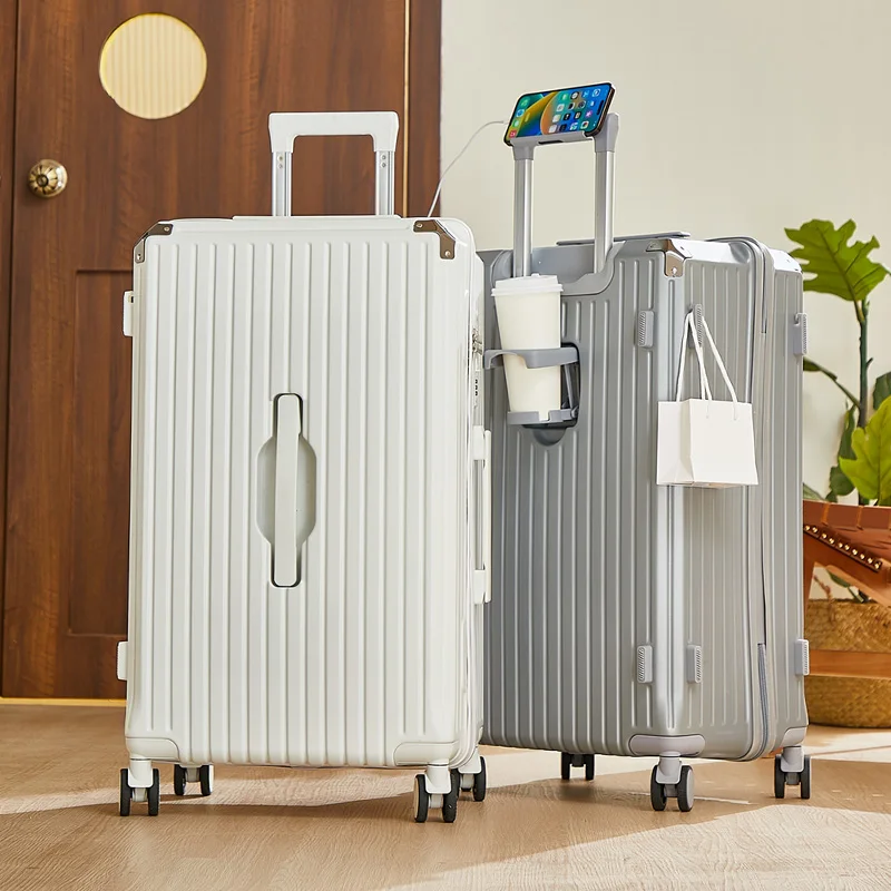 Large Capacity 20-26 Inch Rolling Luggage with Cup Holder Travel Bag Convenien Mobile Phone Stand Simple Travel Rolling Suitcase