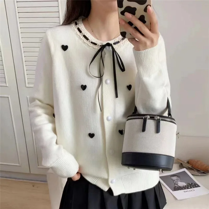 

Sweet Vintage Spliced Lace Up Bows Love Embroidery Knitted Cardigan O-Neck Button Up Sweater For Women Autumn Winter Casual