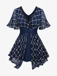 ROSEGAL Plus Size 2 In 1 Tops Deep Blue Plaid Embroidery Mesh Rivet Lace Trim Twist Surplice Tee Women Casual V-Neck T-Shirts