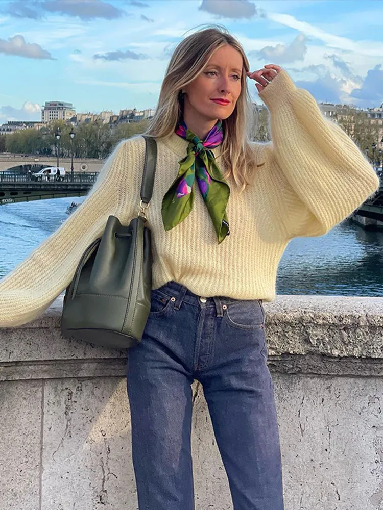 

Women Yellow Casual Knitted Pullover Elegant O-neck Full Sleeve Loose Short Sweater 2025 Autumn Lady Daily Commute Knitwear