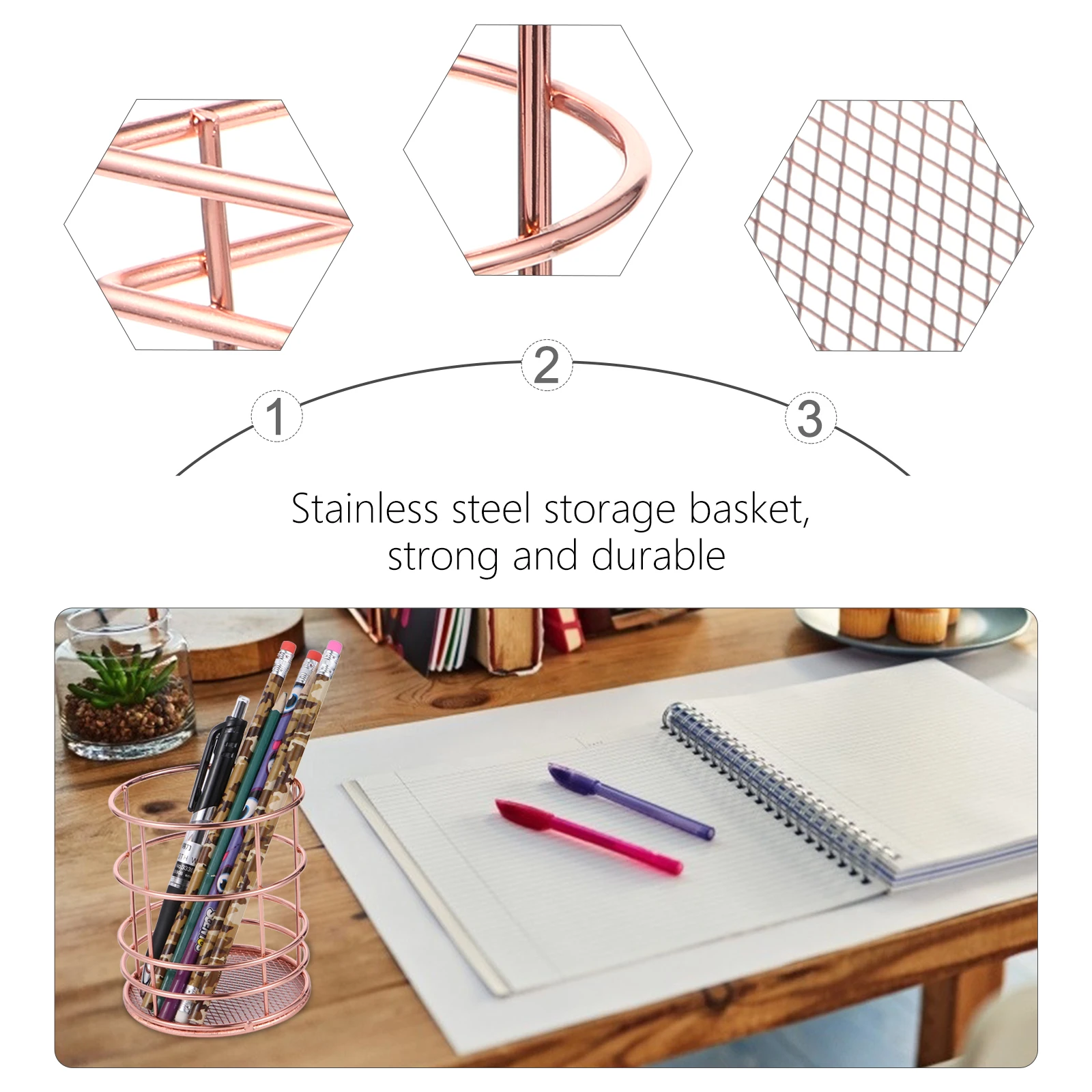 

3Pcs Rose Gold Pen Holders Square Round Mesh Wrought Iron Storage Baskets Hollow Carved Metal Crafts Desk ganizer Kitchen