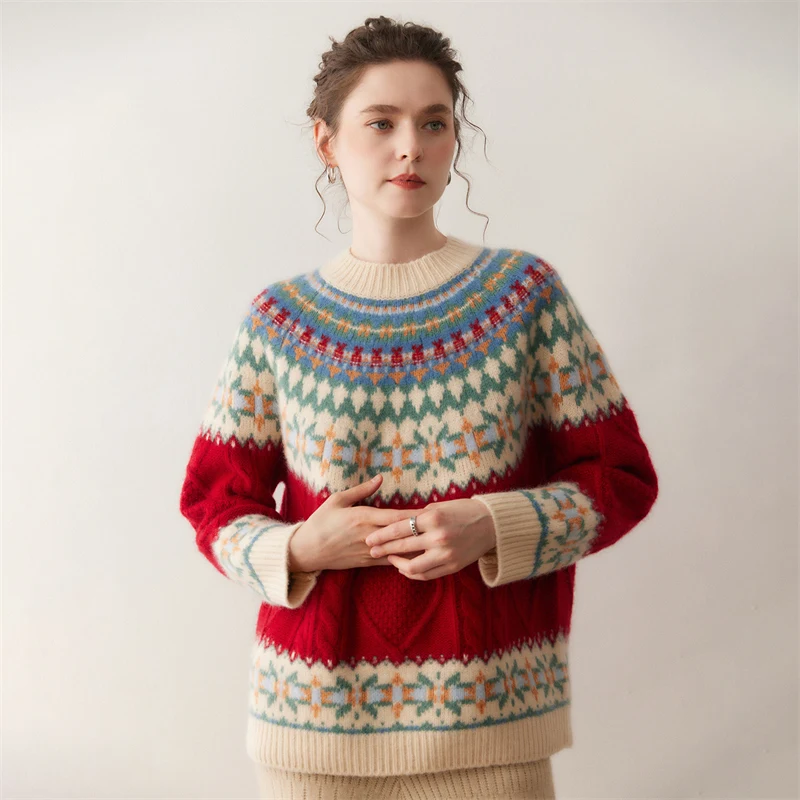 

Thick Women Cashmere Sweater Red Pullover Fair Isle Jacquard Christmas Style Autumn Winter 100% Cashmere Knitwear Loose Clothes