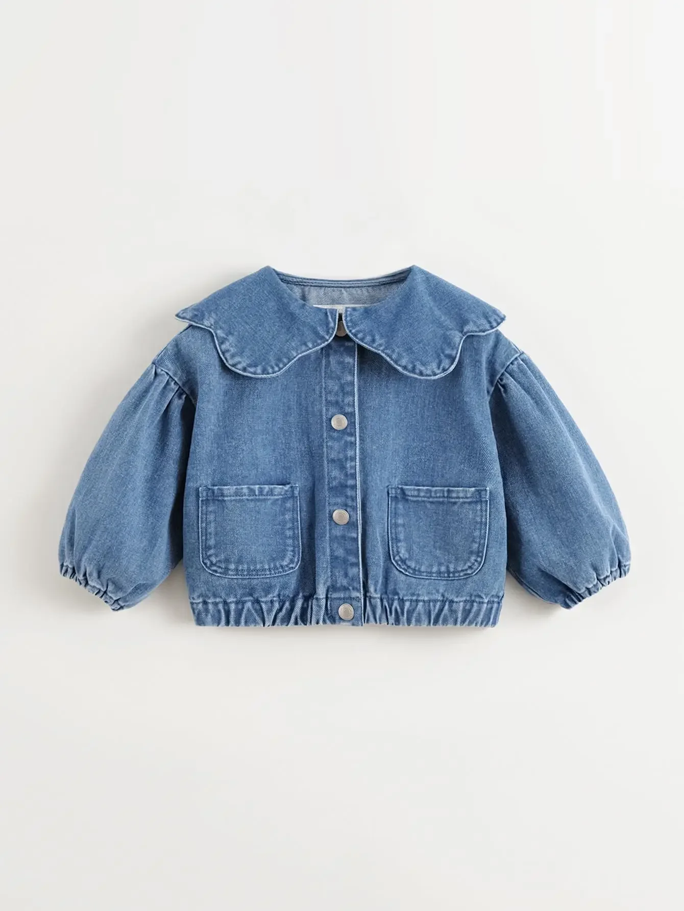 MARC & JANIE Girls Lace Large Lapel Denim Jacket Bubble Sleeve Cotton Outerwear Kids Button Down Tops 250197