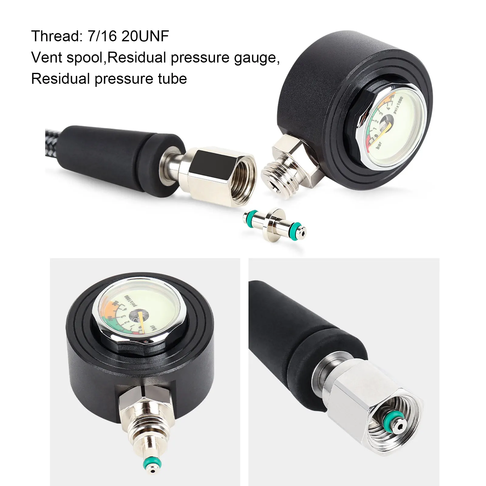 Scuba Diving Pressure Gauge Luminous Submersible Pressure Gauge with High Pressure Hose for BCD Regulator Underwater Diving