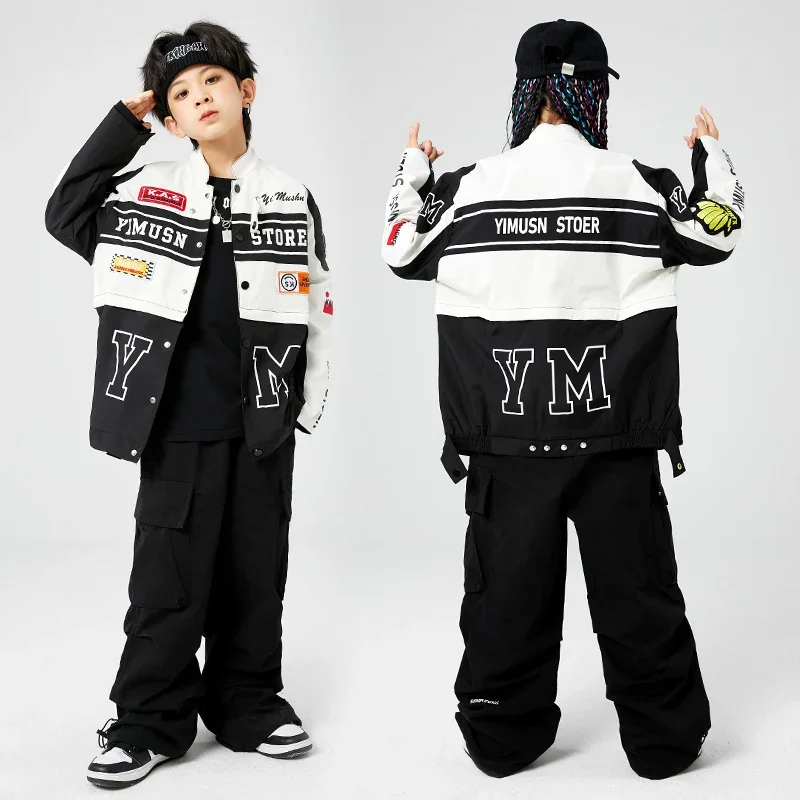 Bambini Kpop Hip Hop che mostrano abbigliamento Cappotto da baseball per moto Pantaloni cargo neri per ragazza Ragazzo Jazz Kpop Costume da ballo Abbigliamento