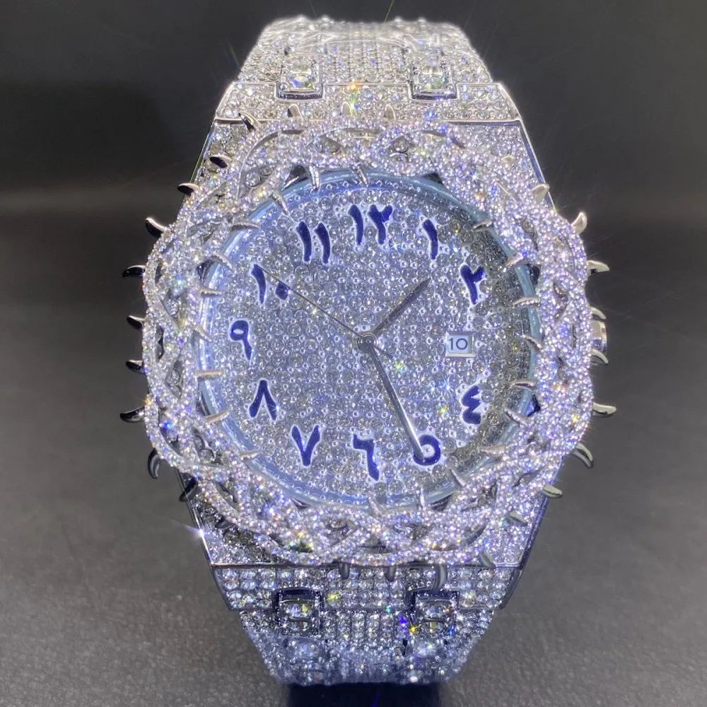 Missfox Luxury Diamond Men's Quartz Watch Gold Blingbling Zircon Hip Hop Fashion Hand Clock with Flower Case