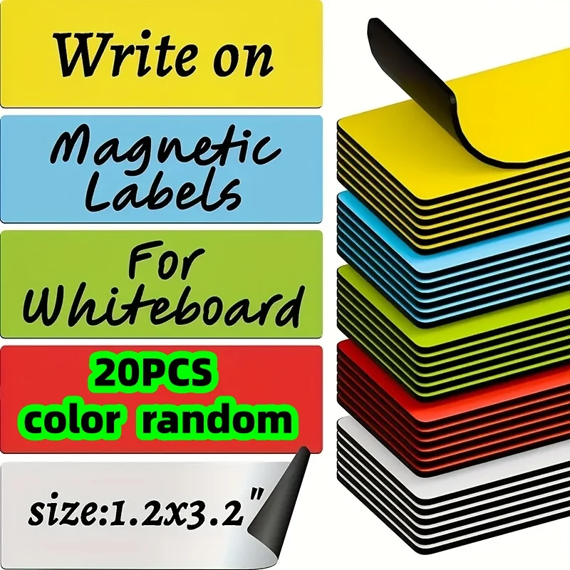 20-Piece Set of Colorful Magnetic Labels with Random Colors, Waterproof and Writable Whiteboard Stickers Suitable for Refrigerators, Offices, Garages, Freezers, and Shelves