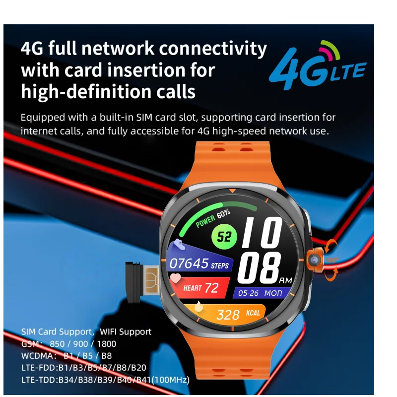 

4G Cellular Version Smart Watch Amoled Smartwatch Men Women With Rotary Camera GPS WIFI Compass SIM Card Slot Face Download