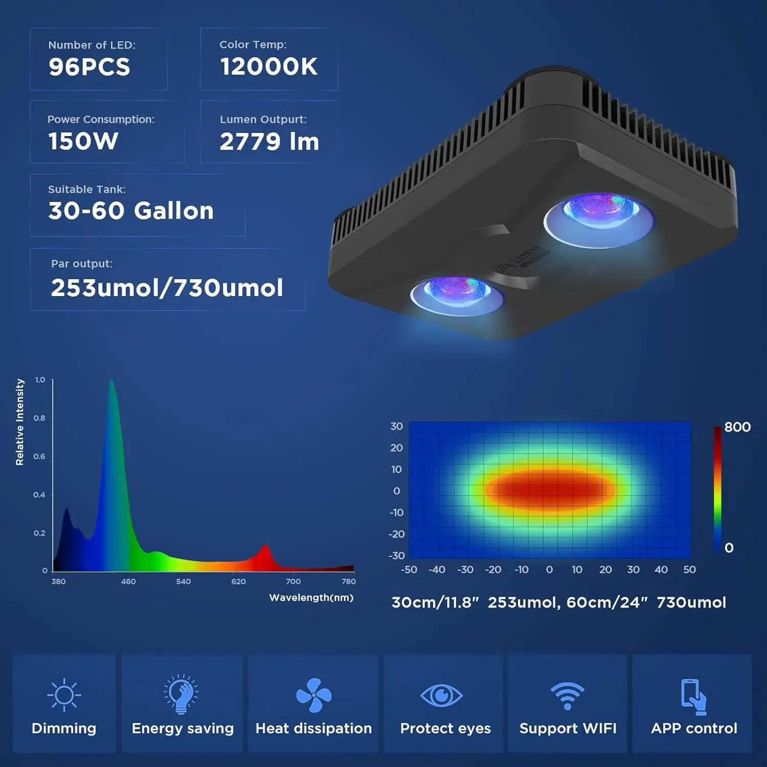 LED Reef Light Coral WiFi Control Programmable Saltwater Aquarium Light Full Spectrum