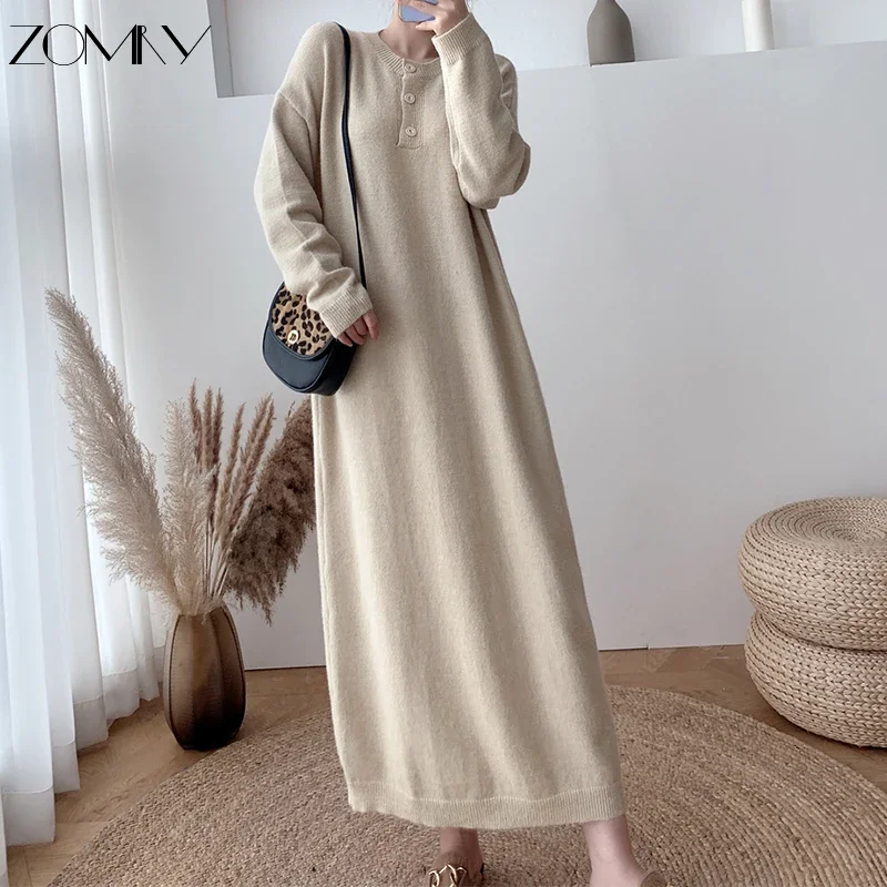 ZOMRY Korean Retro Loose Simple Sweater Knitting Dresses Women‘s O-Neck Party Evening Warm Vestidos Autumn Winter New Clothing