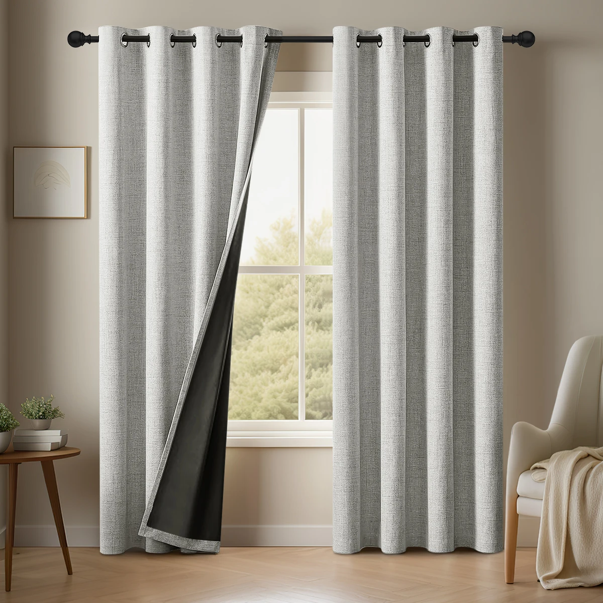 2PC plain linen solid color 100% blackout curtain, comes with curtain straps, suitable for decorating living room and bedroom