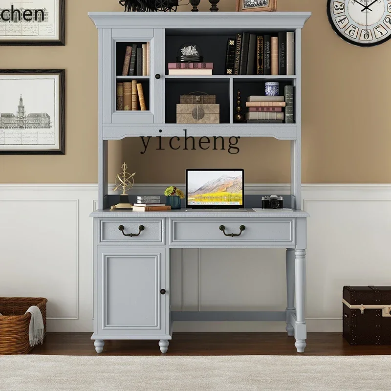 YFY  American solid wood desk bookshelf integrated bedroom modern simple writing desk home bookcase combination