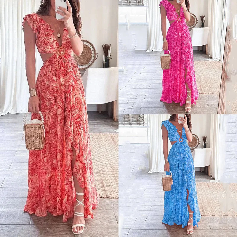 

Deep V-neck Waistless Printed Dress 2026 Spring New Sexy Fashion High-waisted Irregular Slim Sleeveless Floral Long Dress