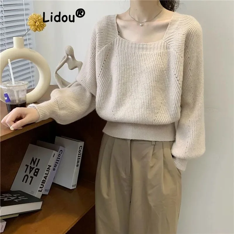 Autumn Solid Color Inside Chic Top Women New Classic Square Collar Long Sleeve Knitting Shirt Loose Fashion Office Sweaters 2022