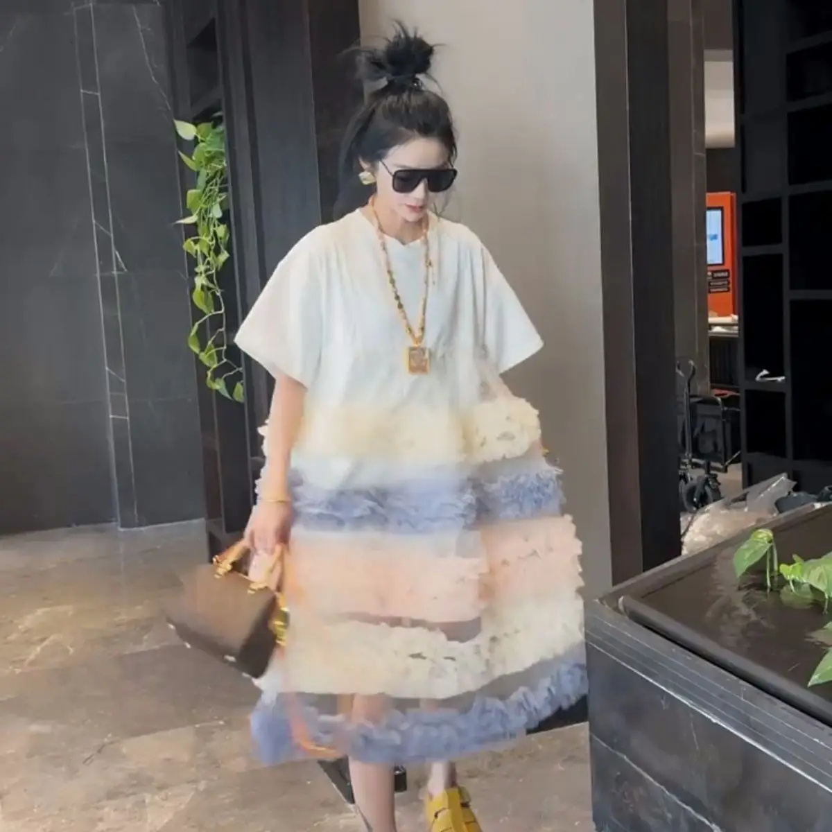 여성용 스윗 메쉬 스플라이스 러플 티셔츠 드레스 롱 배색 거즈 플리츠 로터스 케이크 티 드레스 반팔 O넥 탑