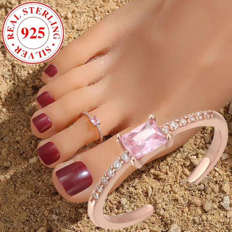 

S925 Sterling Silver Cherry Blossom Pink Diamond Ankle Ring Women's Open Adjustable Summer Beach Toe Ring Hypoallergenic jewelry