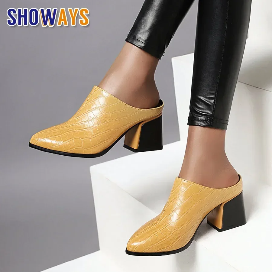 Fashion Women Mules Yellow Faux Crocodile Leather Slides High Block Heel Sandalia Club Pointed Toe  Slip-on Summer Lady Slippers