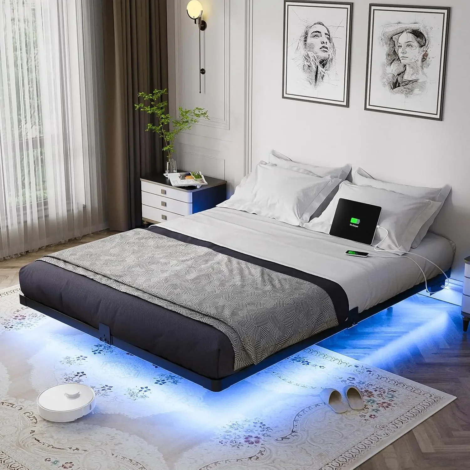 

Floating Bed Frame Queen Size with Smart LED Lights and Charging Station - Modern Metal Platform, No Box Spring Needed