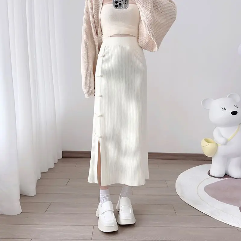 

Korean Fashion Knitted Skirt 2024 Spring New Women Mid-Length High Waist Slimming Black A- Line Skirt Y2k Clothes