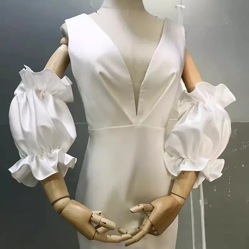 Women's Elegant Designer White Satin Arm Sleeve Female Vintage Photography Formal Dress Performance Party Bow Glove R222