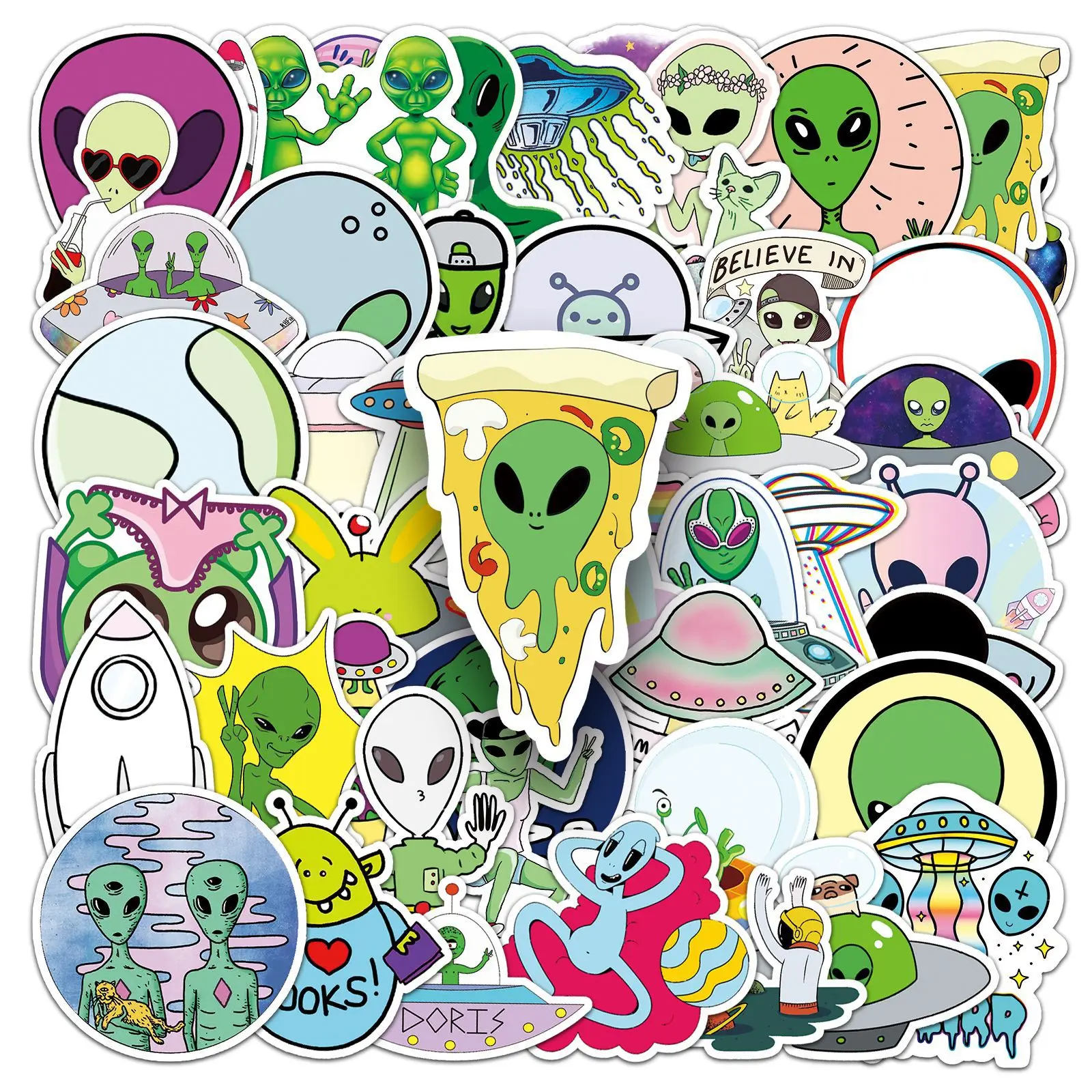 10/30/50 sztuk kosmos naklejki UFO Alien astronauta Rocket Cartoon naklejki prezenty zabawki dla dzieci DIY Skateboard Laptop telefon F5
