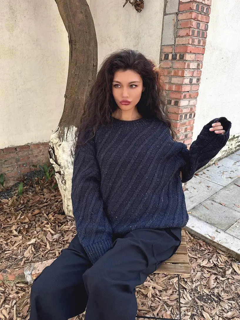 

Утепленный вязаный свитер из шерстяной смеси с длинными рукавами и круглым вырезом, теплый, в стиле ретро, повседневный, синий, для женщин, для работы и отдыха