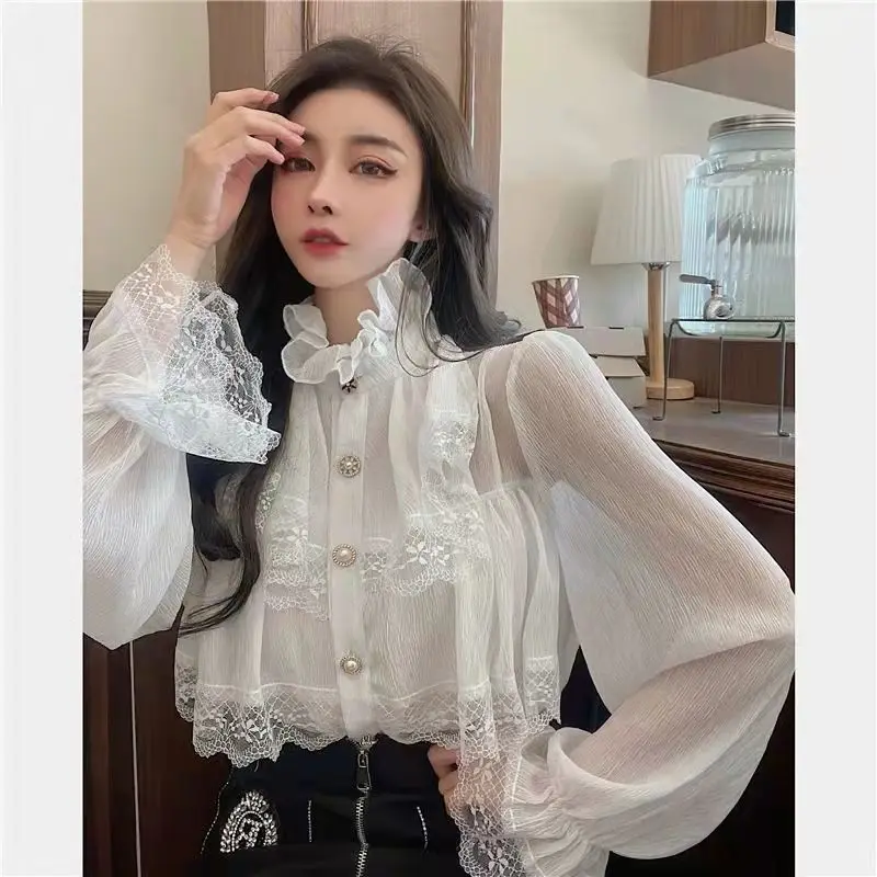Shirt women's 2025 spring new French court style fairy stand-up collar chiffon design  ruffle edge top