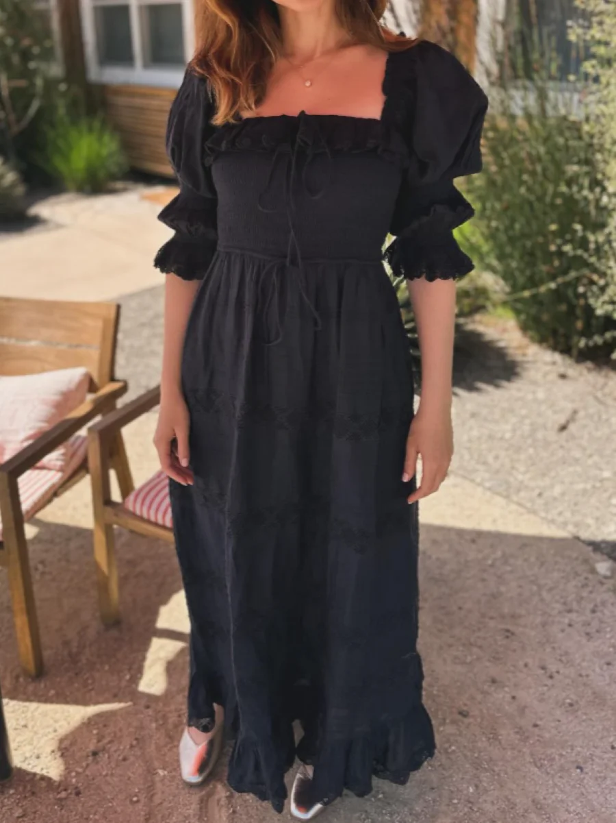 Abito lungo da donna nero in cotone 100% bordo ricamato colletto quadrato manica a sbuffo smocking abito femminile casual in vita elastica