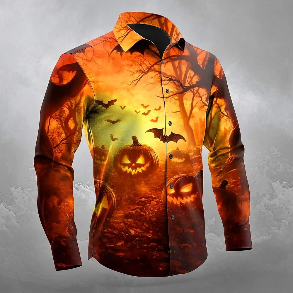 Men Button‑up Long Sleeve Shirt Eerie Halloween‑night Scenery‑art Motif Turn‑down Collar Cosplay‑theme‑party Gathering Outfit