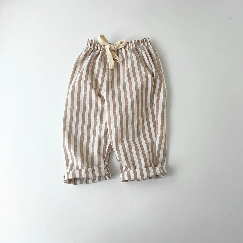 Linen Cotton Stripe Pants for Boys Girls Summer Autumn Casual Loose Kids Children\'s Trousers
