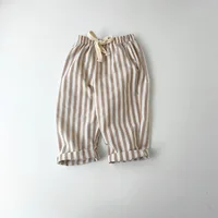 Linen Cotton Stripe Pants for Boys Girls Summer Autumn Casual Loose Kids Children's Trousers 6