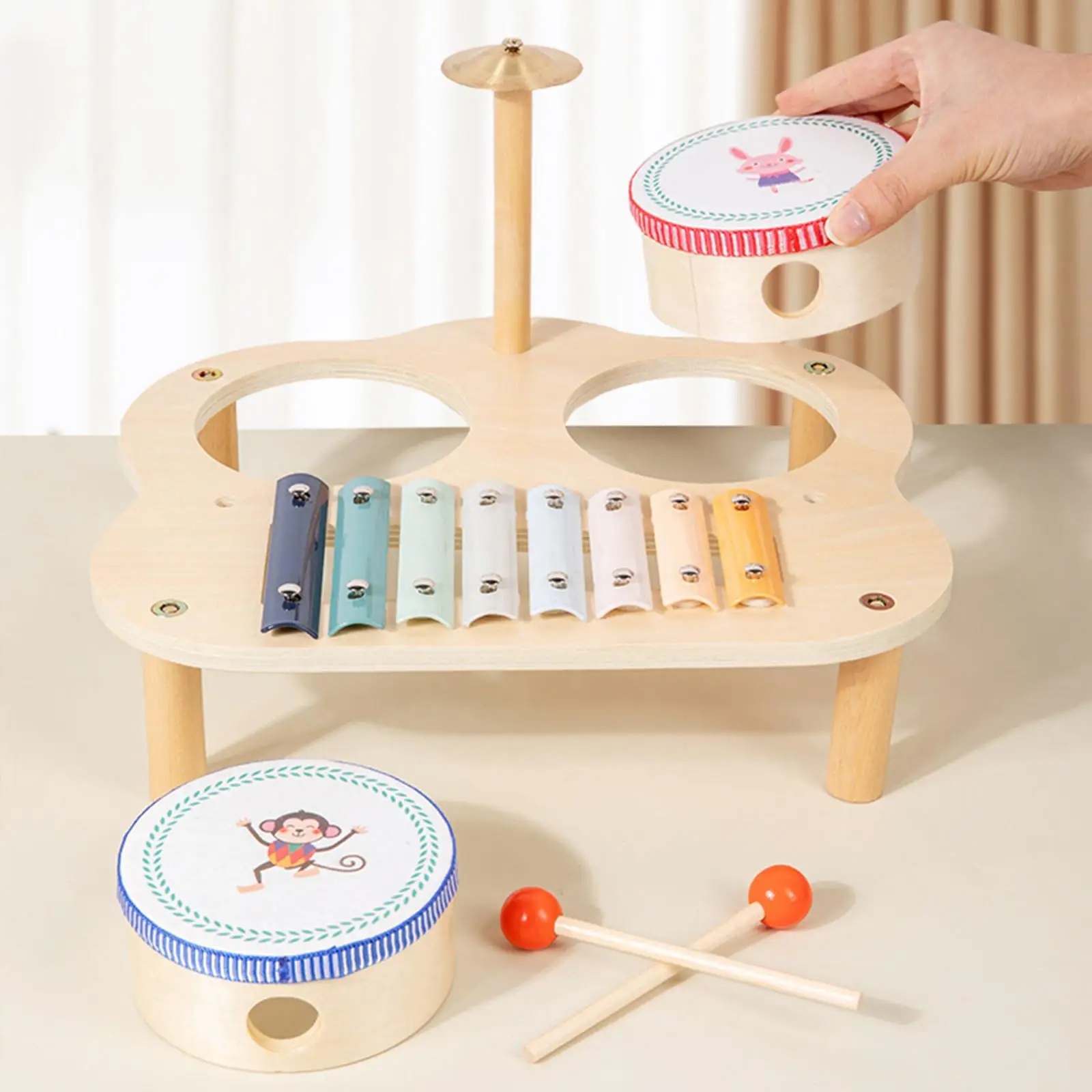 Mainan Musik Anak dengan Xylophone Drum kayu instrumen perkusi meja musik Kit Drum anak-anak untuk balita hadiah ulang tahun bayi