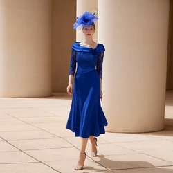 Elegant Royal Blue Mother of the Bride Dresses Square Neck 3/4 Sleeves Wedding Party Gowns Lace A-Line Tea Length فساتين السهرة