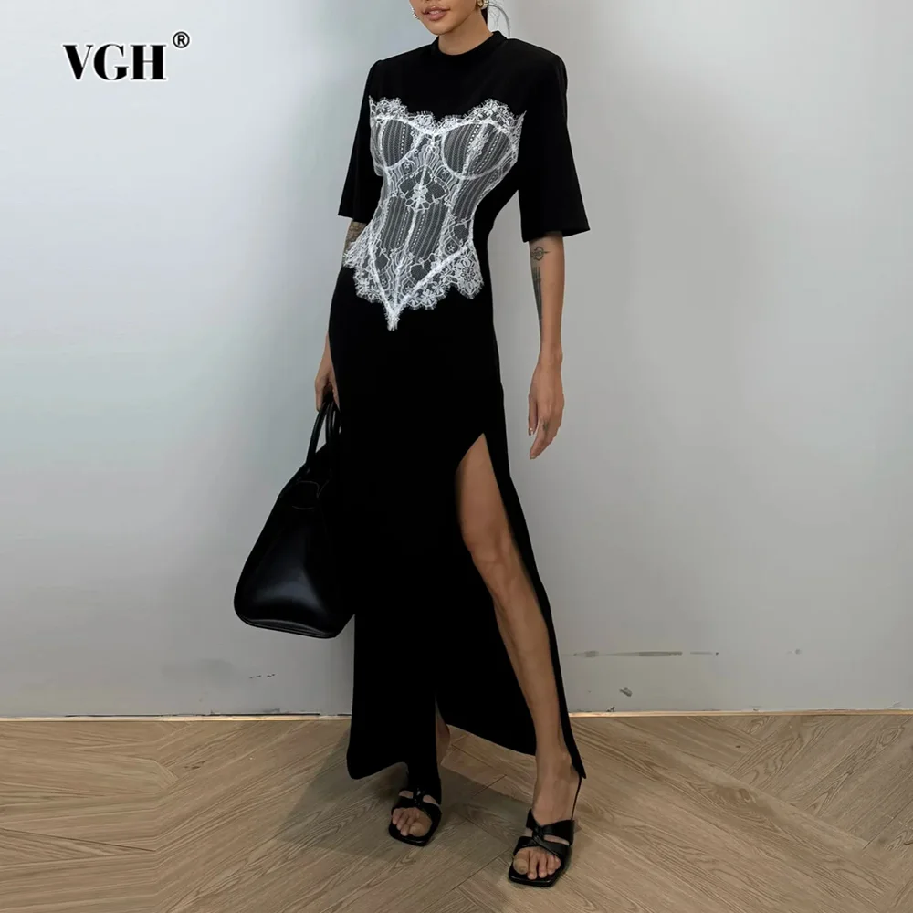

VGH Sexy Spliced Lace Maxi Dresses for Women Round Neck Short Sleeve High Waist Patchwork Belt Slimming Split Dress Female New