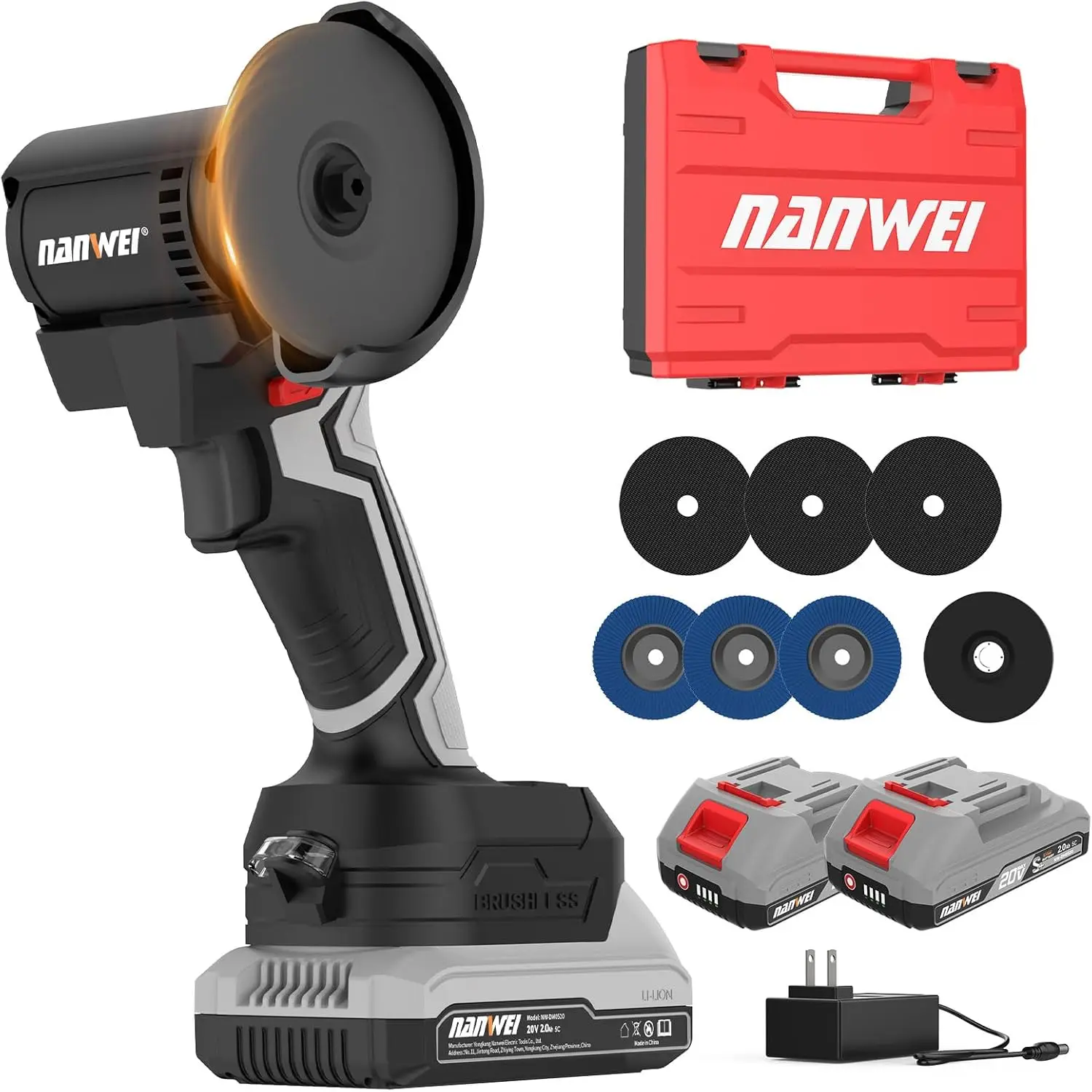 

3-дюймовая беспроводная бесщеточная угловая шлифовальная машина с LED-подсветкой, 15000 об/мин, регулируемая скорость, в комплекте 2 аккумулятора и 7 отрезных дисков