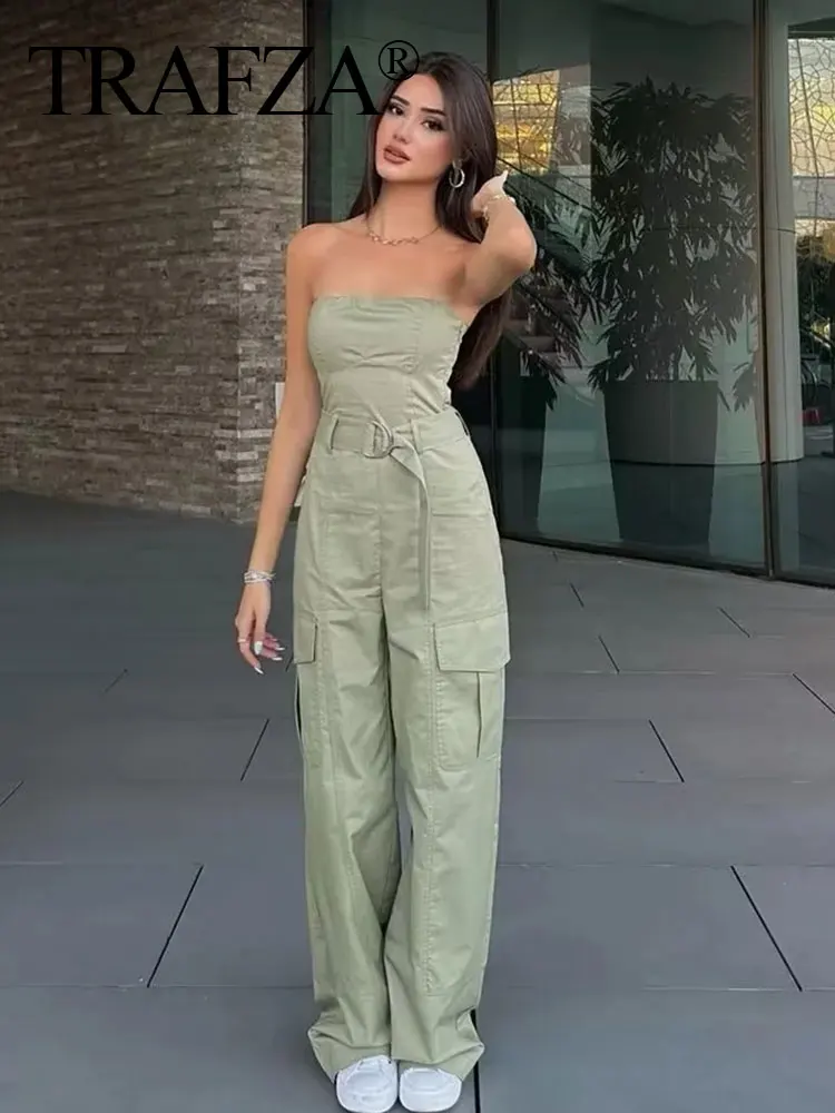 TRAFZA Rompers For Women Fashion Trend Chic High Waist Loose Jumpsuits Woman With Pleats Cool Sexy Party Female Wide Leg Pants