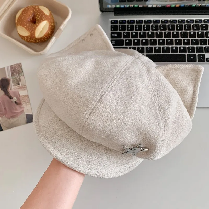 Neue Niedliche Katzenohren-Baskenmütze für Damen, Herbst- und Winter-Achteckmütze mit großem Kopfumfang, Modisches Metallstern-Design, Kurze Krempe, Newsboy-Kappe – Detail 4